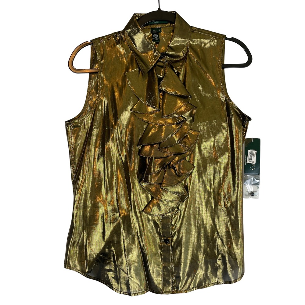 LAUREN Ralph Lauren‎ Petite Gold Metallic Ruffle Sleeveless Blouse Top 8P